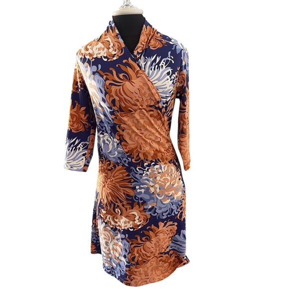 J. Mclaughlin Blue Tan Cream Panama Catalina Cloth Faux Wrap Dress Small - Picture 10 of 10